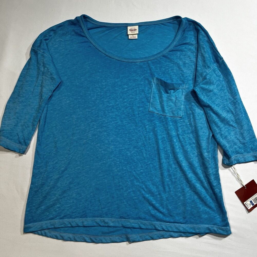 NWT Mossimo Burnout Blue Pocket Tee Shirt Top L 3/4 Sleeve Scoop Neck Y2K Grunge